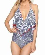 Luli Fama Women's Blue Naughty Girl Ruffle One-Piece Swimsuit Size XS