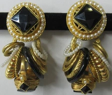 Gas Bijoux St Tropez France Cluster Dangle Earrings 2.5" Gold Tone Clip On RARE