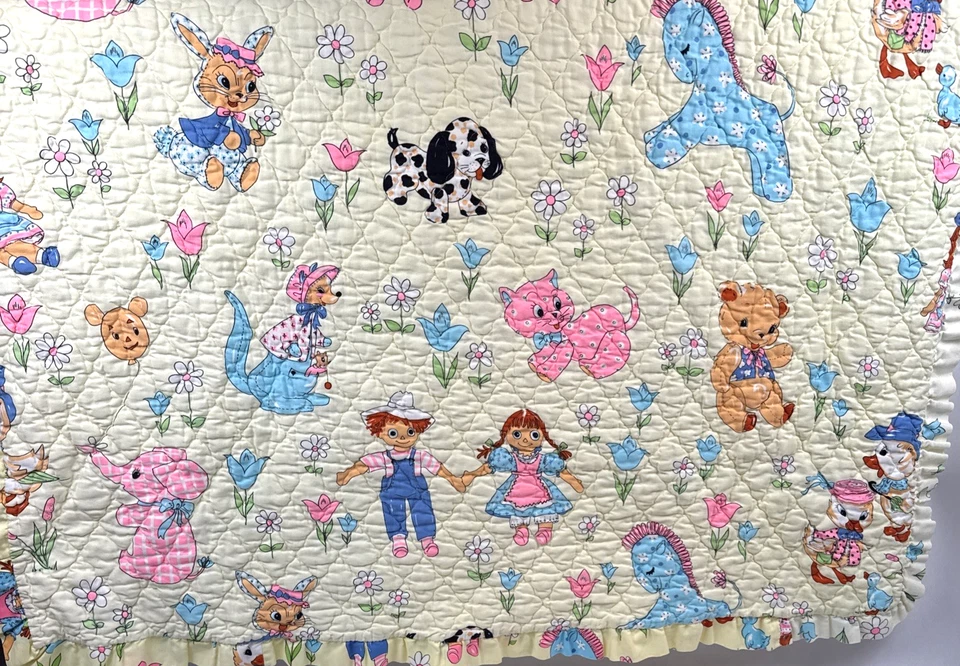 Edredón de bebé vintage acolchado manta cuna edredón animales perro gato oso 44 x 36 Foto 2 de 3