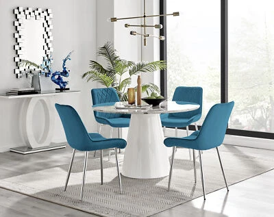 Palma Contemporary White Marble Effect Round Dining Table & 4 Velvet Chairs