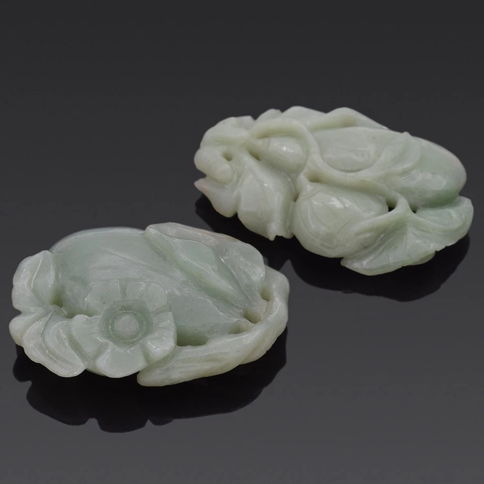 Lote de 2 piedras sueltas talladas florales y frutas de jade verde vintage 40,9 gramos Foto 3 de 4