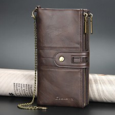 Men Coffee Long Wallet with Chain Leather Biker Trucker Bifold Clutch Handbag