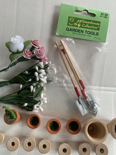 Dollhouse Miniature Fairy Garden Tools Flower Pots Ribbon Roses Craft Lot - Picture 3 of 6