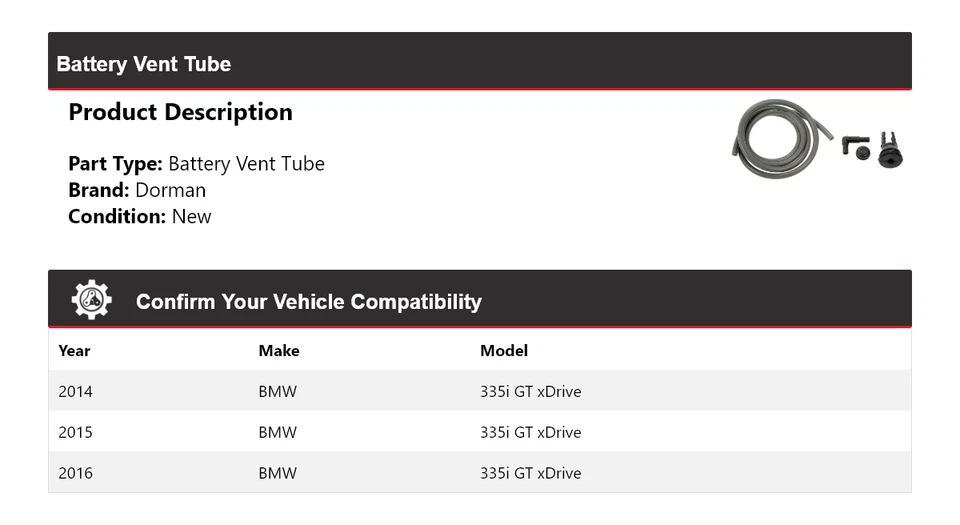 Tubo de ventilación de batería Dorman 2015 para BMW 335i GT 2014-2016 Foto 2 de 4