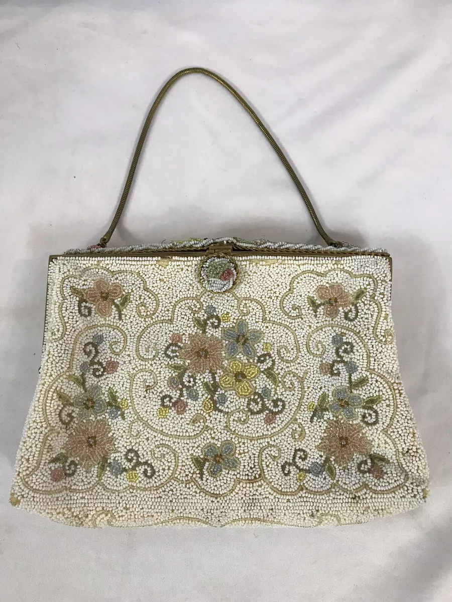 Vintage Hand Made in France 24K Gold Plated Beaded Bag White