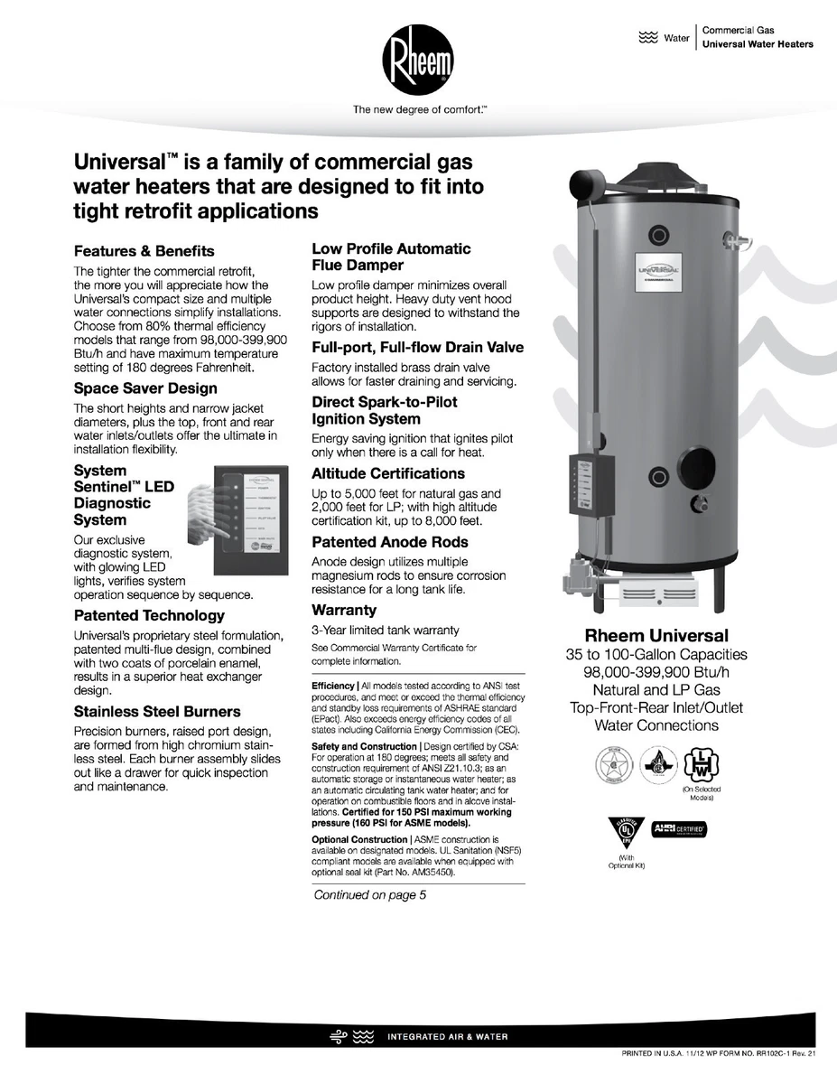 RHEEM 100 GALLON HOT WATER HEATER 199,900 BTU COMMERCIAL TANK G100-200  Natur GAS | eBay