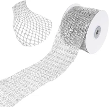1PCS Silver Metallic Mesh Ribbon 2.75In X 5Yard Glitter Wired Ribbon Stretchable