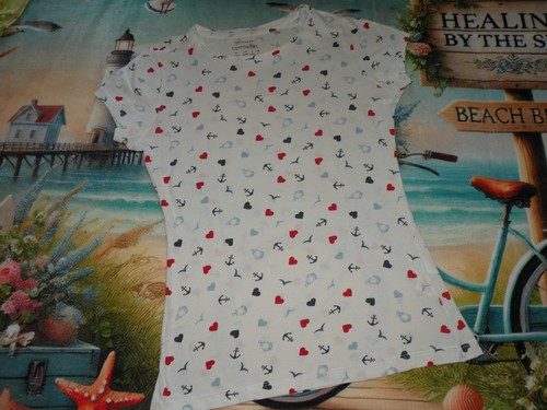 Mädchen T-Shirt Gr 158 34 XS Primark Weiß Blau Rot maritim Herzen Anker Vögel