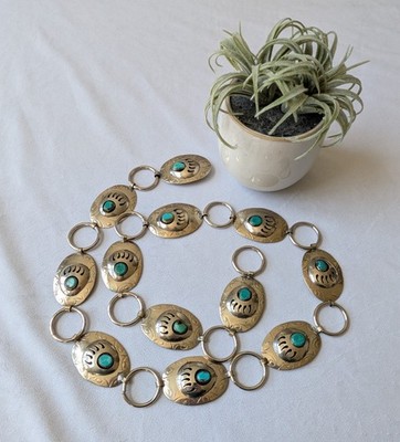 Vtg Navajo Turquoise Bear Paw Concho Belt 
