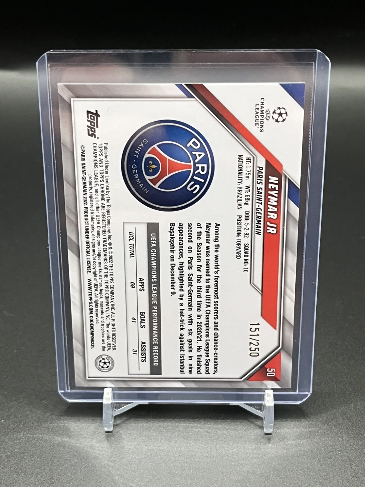 2021-22 Topps Chrome UCL Neymar Jr. #50 Purple Refractor /250 PSG Brazil view 2