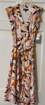Donna Ricco  Fit & Flare Floral Print  Button Front Midi Dress Sz 2