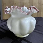 Fenton White & Pink Art Glass Vase, Opaque Ruffled Rim Decorative Glossy Finish