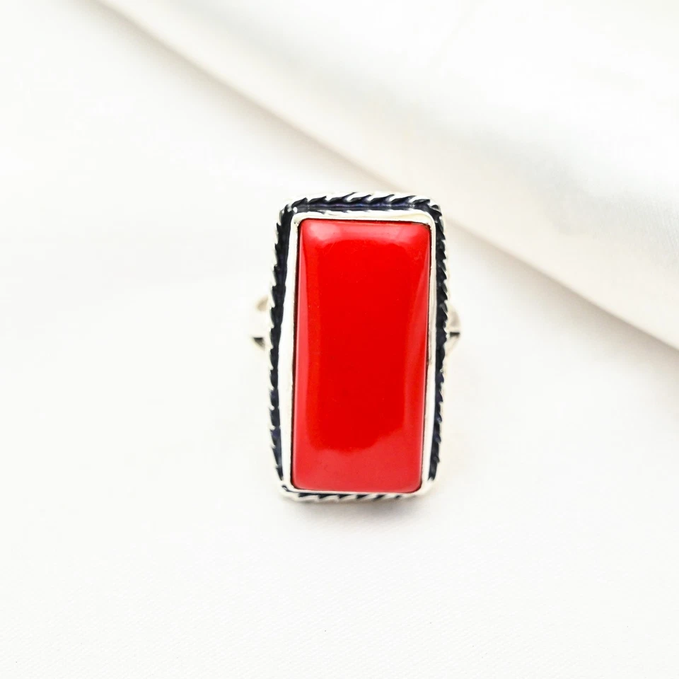 Red Coral Gemstone Handmade 925 Sterling Silver Ring Jewelry Gift For Wife - Image 2 of 4