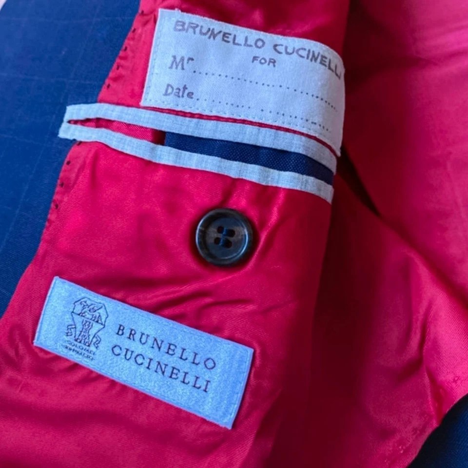 Chaqueta Blazer Brunello Cucinelli Verano Cuadros Azul Marino Cupro Talla 48 IT Foto 4 de 4