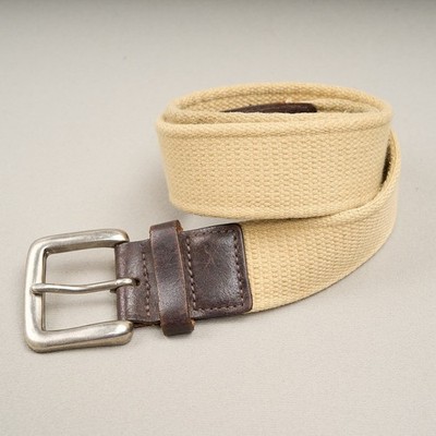 GH Bass Canvas Leather Belt Mens Sz 36 Beige Brown Nickel Buckle 1.5'' Wide