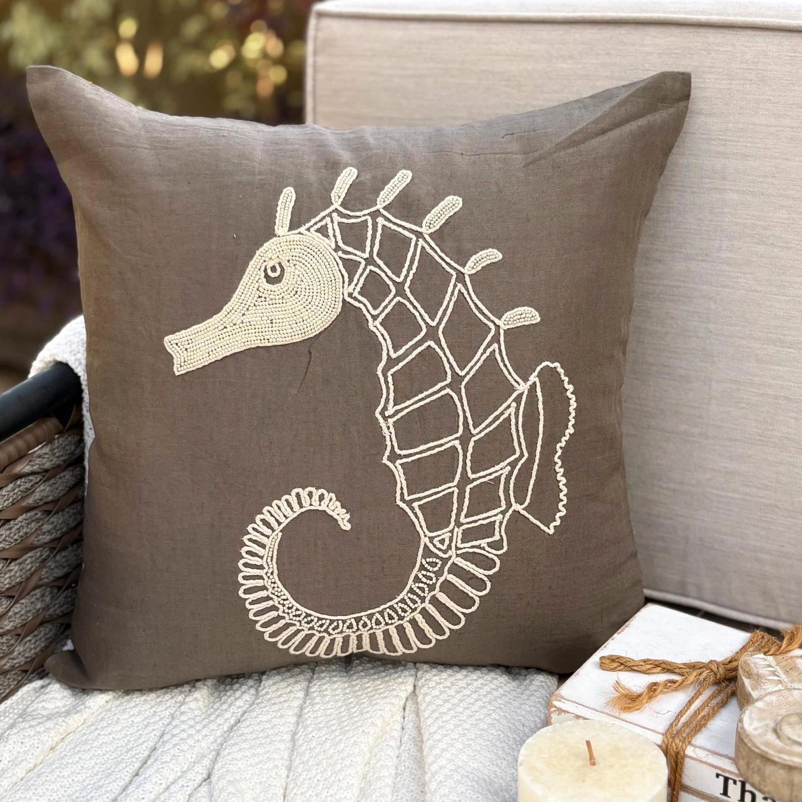 Pillow Case Brown 16"x16", Couch Decor Cotton Sea Horse Pearl - Noble Sea Horse