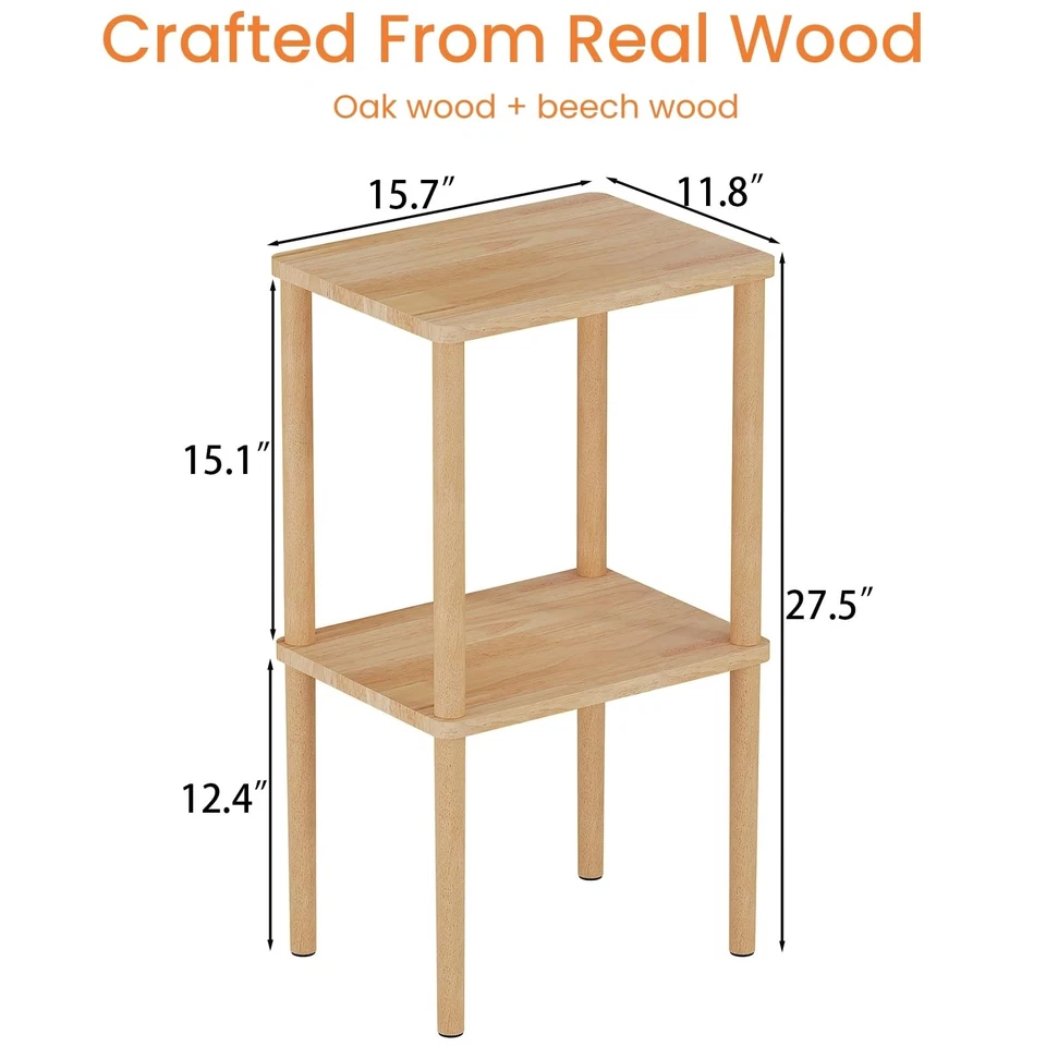 Solid Wood Side Table, 2-Tier Small End Table with Storage Shelf, Tall Nights... - Image 2 of 4