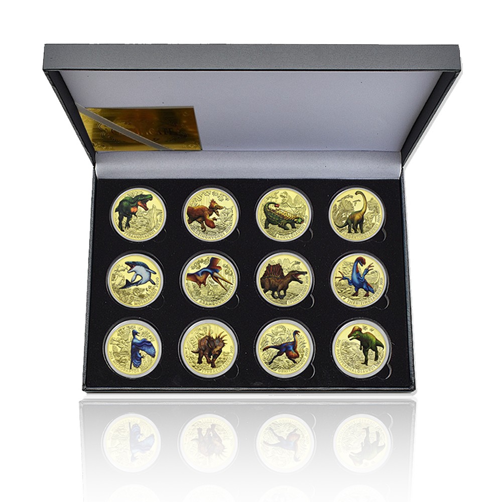 12pcs/box Jurassic Period Dinosaur Commemorative Gold Plated Challenge Coins