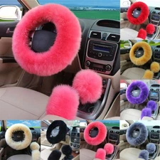 3Pcs Car Steering Wheel Cover Furry Fluffy Universal Fur Wool Thick Pink Purple