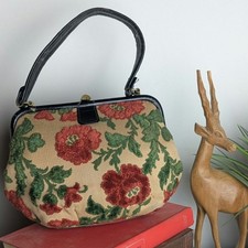 1950s/60's Vintage Floral Tapestry Purse Top Handle Handbag Romantic Heritage