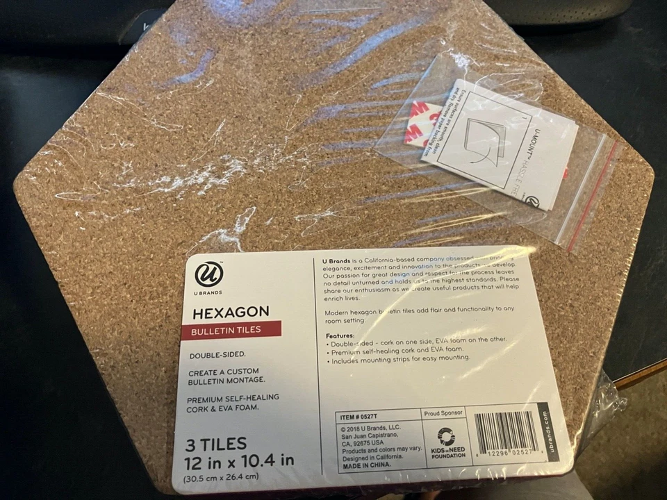 3 Pack Hexagon Cork Board Tiles with Pins, Self-Adhesive Bulletin Boards, New - Image 2 of 2