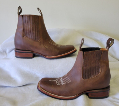 Mexican Brown Leather Western Slip On Square Toe Ankle Rodeo Botines Size 26