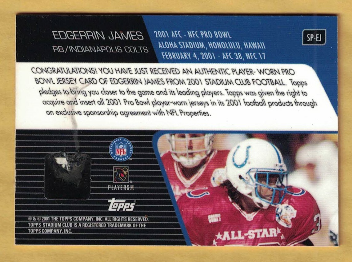 Edgerrin James Jersey Card Stadium Club 2001 All Pro Bowl SP-EJ