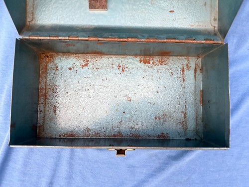 Vintage Metal Lunch Box Pail Blue Hammered Steel Finish w/Chrome Handle Lunchbox - Picture 10 of 13