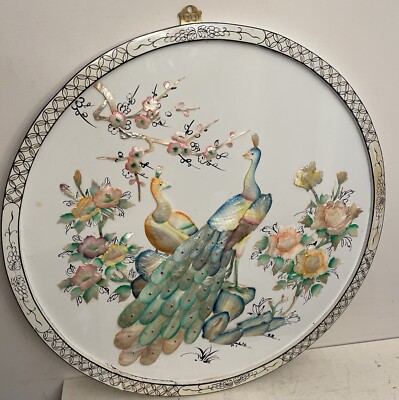 30  Mother of Pearl White Lacquer Asian Round Wooden Wall Art Peacock Floral