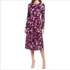 Eliza J Women's Size 4,6,8 Purple Floral Matte Jersey Midi Dress Long Sleeve NWT