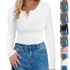 Women's Long Sleeve T-shirt Casual Color Slim Fit Button-Down Shirt V-Neck Tops