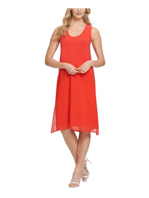 DKNY Womens Orange Pullover Styling Sleeveless Scoop Neck Midi Trapeze Dress M