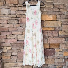 Y2K VTG Style Cottage M Cream Floral Lace V-Neck Maxi Dress Pink Rose Romantic