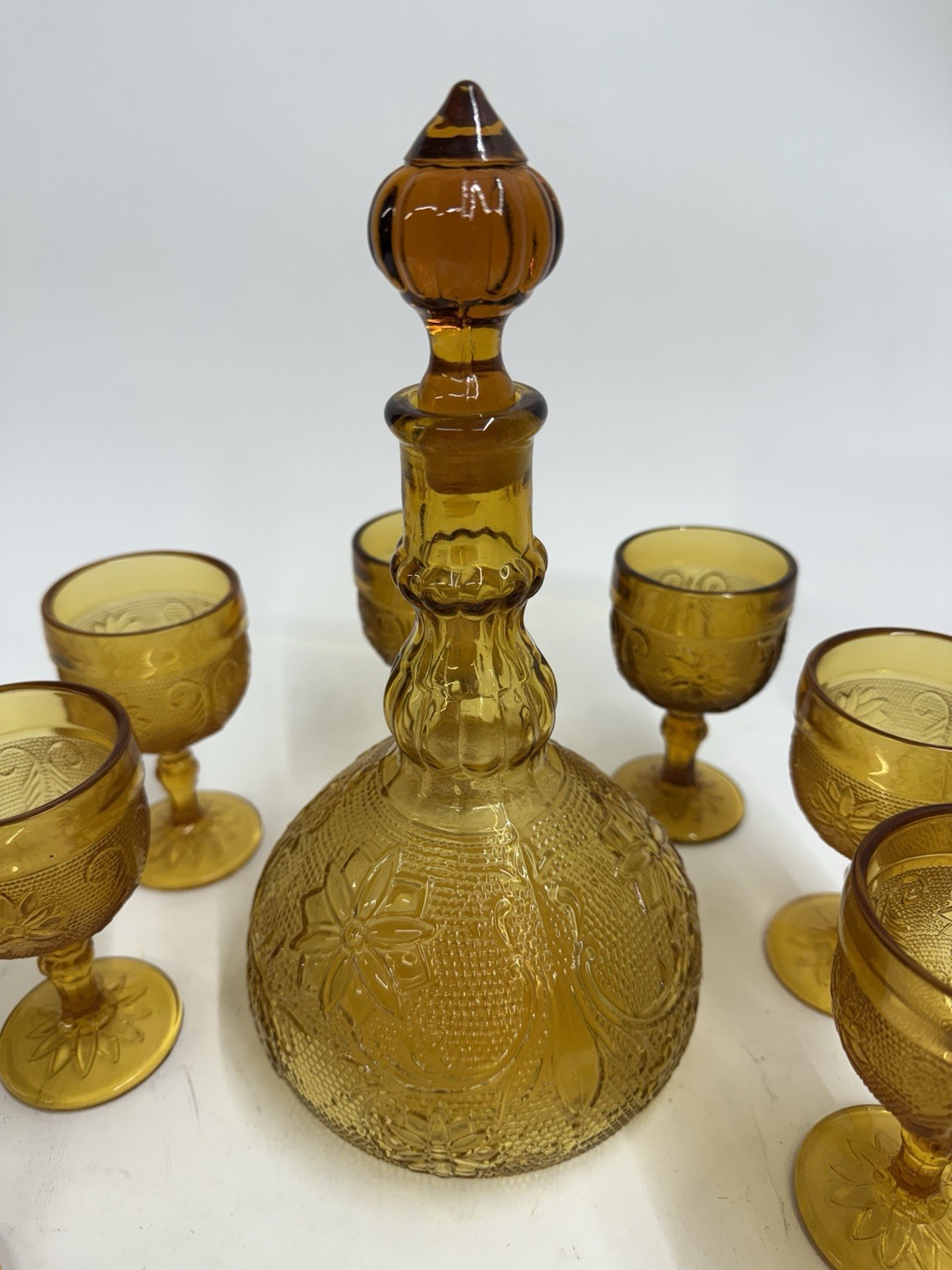 Vintage Tiara Amber Sandwich Indiana Glass Decanter Set W/8 Goblet Glasses