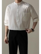 Fashion Men Short Sleeve Linen Blend Shirt Stand Collar Casual Dress Shirts Tops