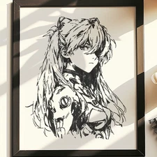 Hand Drawn (Not a Print) Asuka Langley Evangelion Framed Pen & Ink Art Drawing