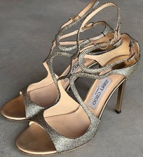 Jimmy Choo Lang 100 Champagne Gold Lam Glitter Cage Sandals Heels IT 38.5