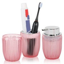 Bathroom Set of 3, Pink Glass Toothbrush Holder and Foam Soap Dispenser Set, ...