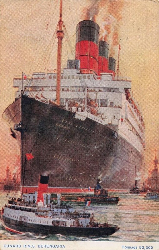 CUNARD LINE STEAMSHIP 1926 Postcard RMS BERENGARIA & TUG ~ PAQUEBOT CANCEL