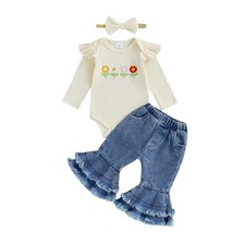 Newborn Baby Girl Outfits Rib Knit Romper Jeans Flare 9-12 Months A Apricot
