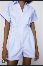 Zara NEW Short Oxfortd Playsuit Romper Womens L Light Blue NWT Chic City Casual