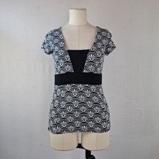 Next Black White Top Art Deco 20s Fan Print Flattering Short Sleeve 2010s UK10
