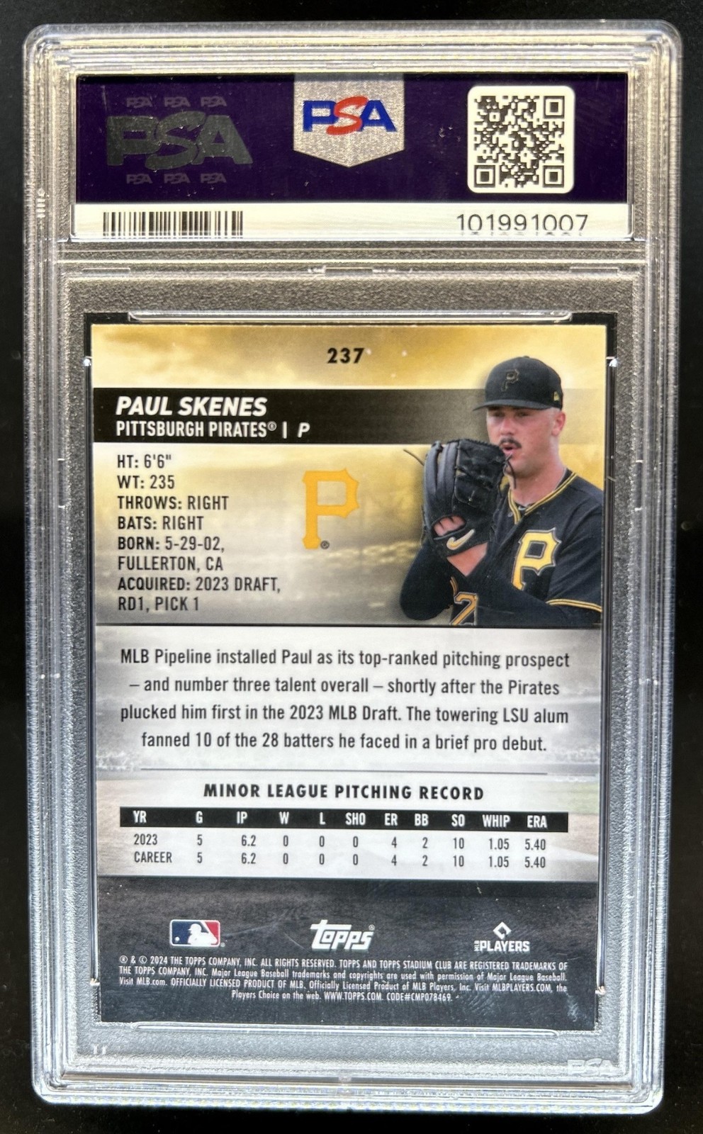 2024 Topps Stadium Club Paul Skenes RC Chrome Rookie #237 Pirates PSA 10 view 2