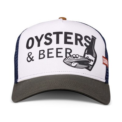 COASTAL HFT Cap Oysters & Beer White/Olive High Fitted Trucker Mesh Kappe Costal