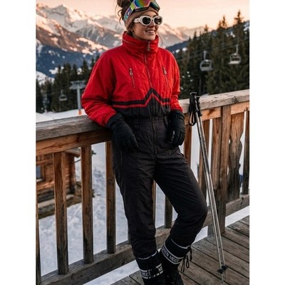 Vintage Bogner Women Ski Suit One Piece Retro Red Black Snowsuit Size 36
