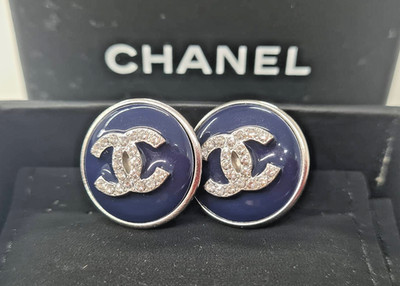 Chanel CC Logo Crystal Pave Navy Blue Round Stud Earrings