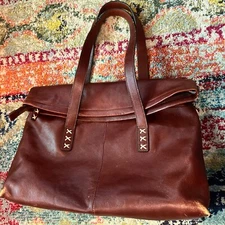 VTG Day-Timer Leather Handbag Tote Brown Distressed Double Handle Zip
