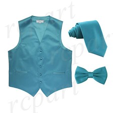 New Men's Solid Tuxedo Vest Waistcoat Necktie Bowtie Set Party Prom Aqua Blue
