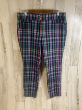 Anne Klein Womens Pants Green Blue Plaid Gold Detail Academia Preppy Size 10