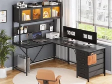 L Shaped Computer Desk with Led Lights, Hutch &Storage Shelves, Home Office Desk